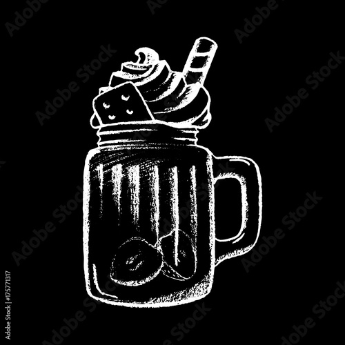 Ice coffee cream white chalk on black chalkboard vector illustration.