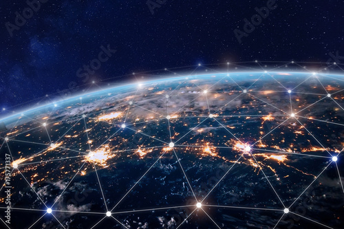 Global telecommunication network, nodes connected around earth, internet, worldwide communication photo