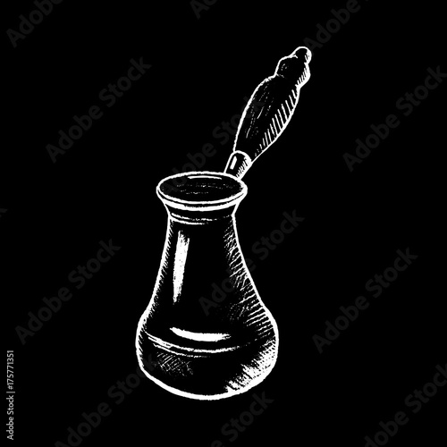 Coffee cezve white chalk on black chalkboard vector illustration.