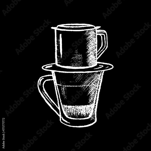 Coffee cup with filter white chalk on black chalkboard vector illustration.