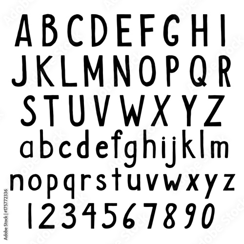 Black handwritten sans serif thin font. Vector set of simple semi bold small and capital letters and numbers. Hand drawn sketchy latin alphabet on isolated white background fot your graphic and web de