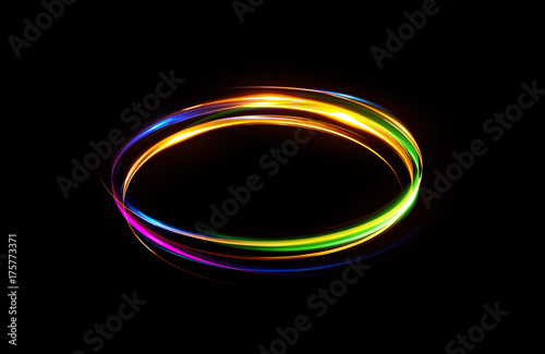 Glow effect. Ribbon glint. Abstract rotational border lines. Power energy. LED glare tape..Luminous shining neon lights cosmic abstract frame. Magic design round whirl. Swirl trail effect.