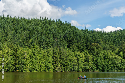 Fototapeta Naklejka Na Ścianę i Meble -  Alice lake with green forest and blue sky on summer day Squamish Canada.