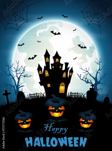 Halloween background with cemetery, bats and castle