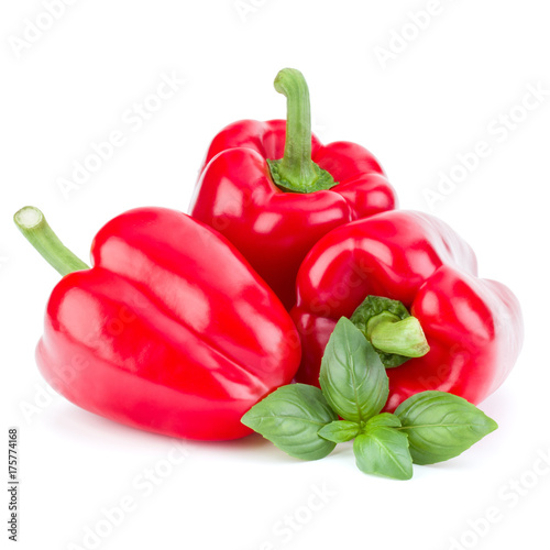 three sweet bell peppers isolated on white background cutout