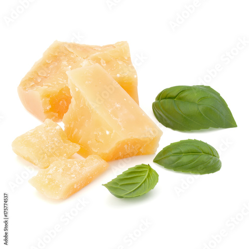 shredded parmesan cheese and basil leaf isolated on white background cutout