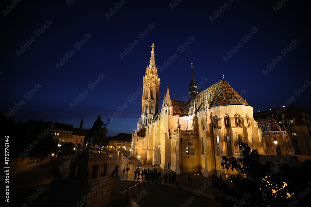 Matthias Church at night, Budapest, Hungary.