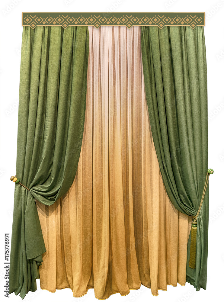 Green curtains made of woolen fabric. Linen tulle with a gradient  transition of color from yellow to white. Figured pelmet with geometric  pattern. Stock Photo | Adobe Stock