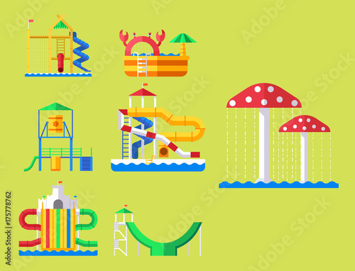 Water aquapark playground with slides and splash pads for family fun vector illustration.
