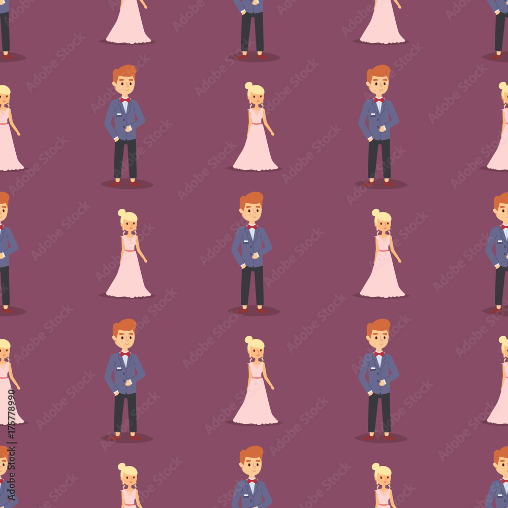 Wedding couple is hugging each other vector seamless pattern girl in white dress and man in suit beauty bride with groom female and male character.