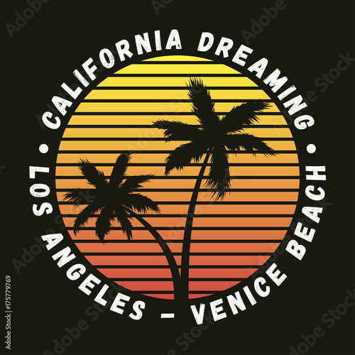 California, Los Angeles, Venice Beach - typography for design clothes, t-shirt with palm trees. Graphics for print product, apparel. Vector illustration.