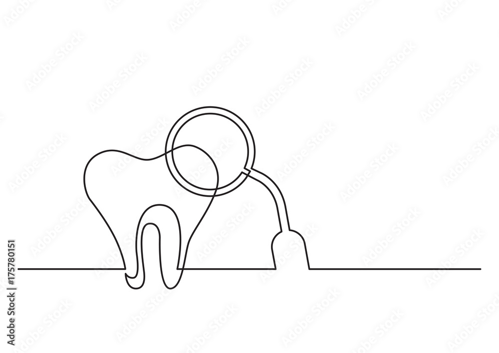one line drawing of isolated vector object - human tooth with dentist tool one line drawing of isolated vector object - human tooth with dentist tool