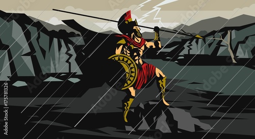 spartan soldier with spear in battle