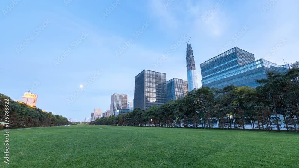 time lapse of green space and modern buildings in nightfall on tianjin binhai new district, China time lapse of green space and modern buildings in nightfall on tianjin binhai new district, China