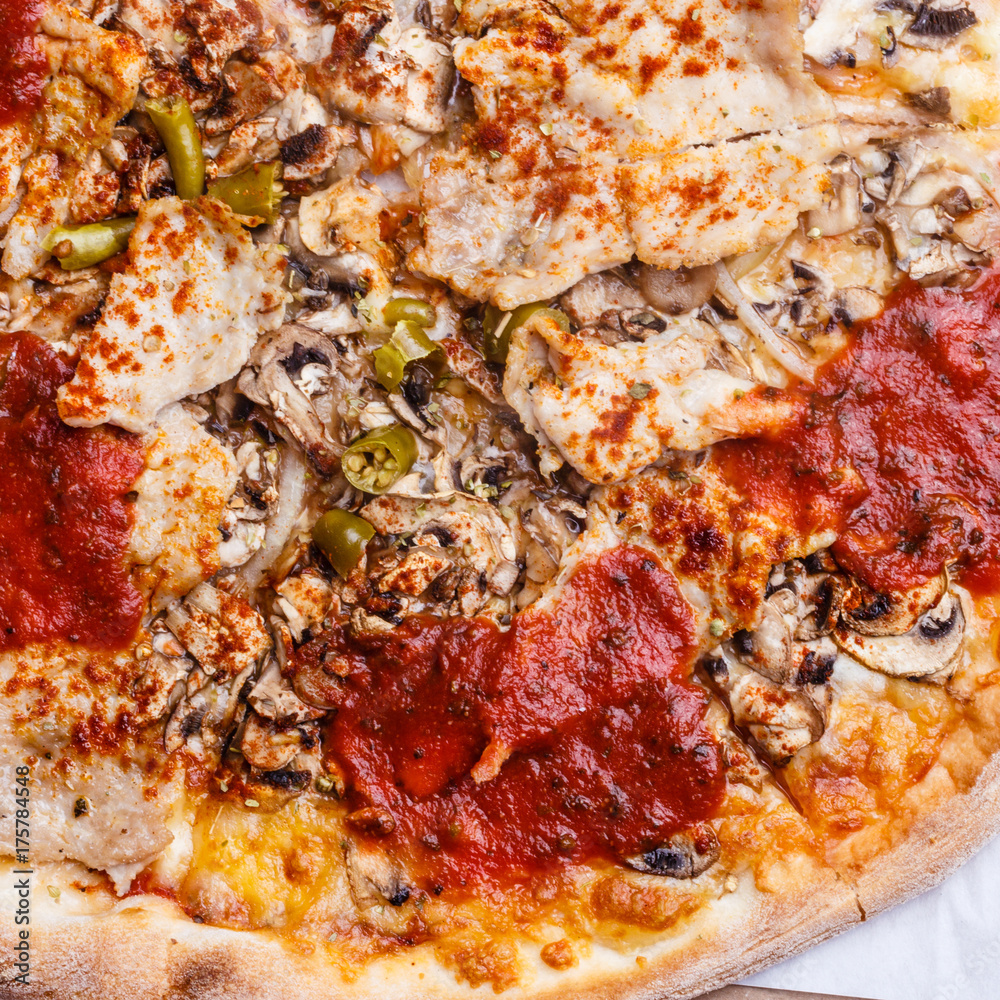Closeup of hot pizza.