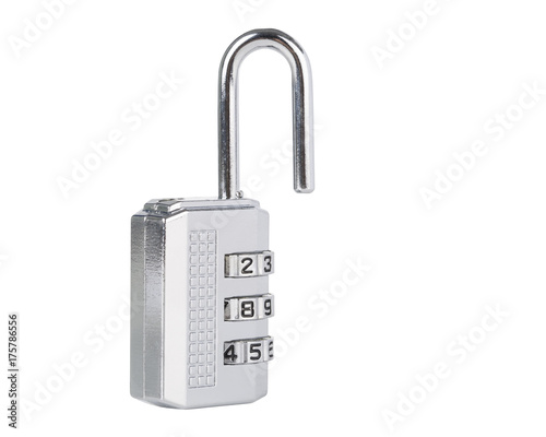 Digital combination silver padlock isolated on white background.