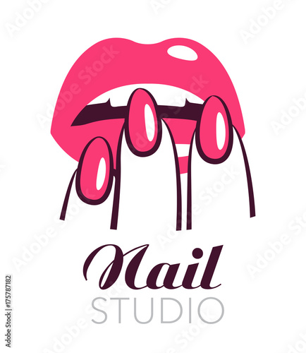 Beauty salon symbol, lips and nails vector label