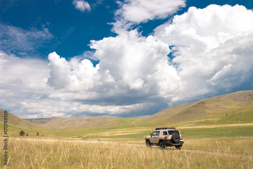 The car rides along a beautiful field The car rides along a beautiful field