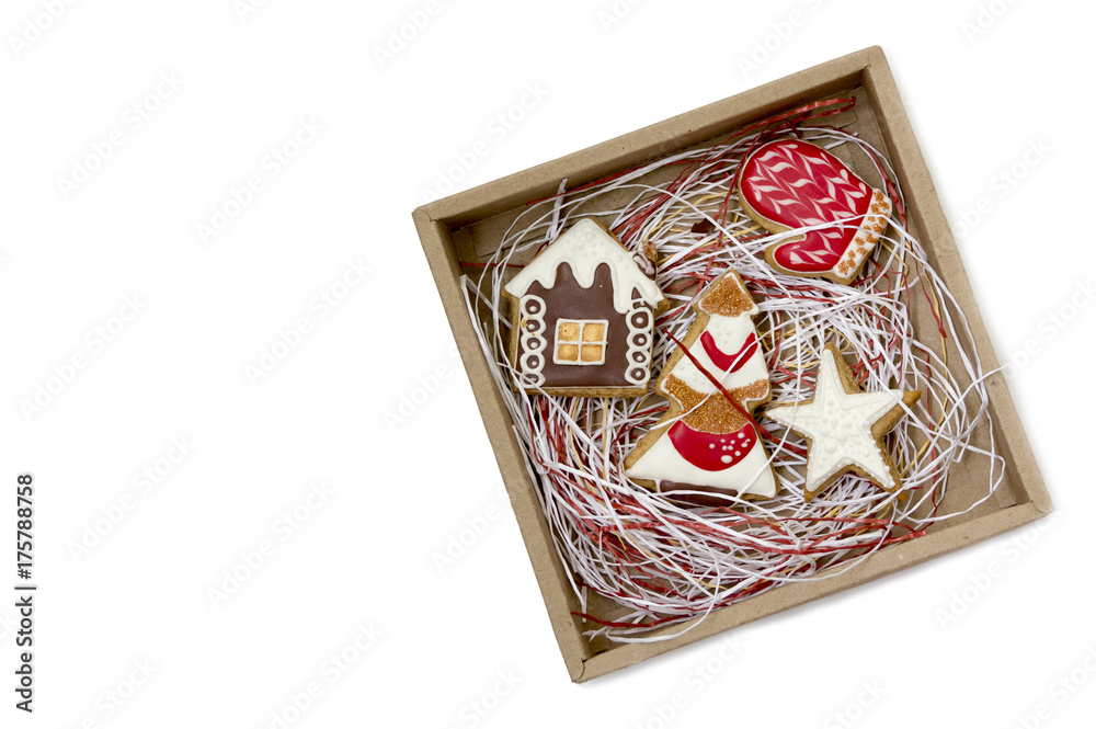 Christmas gingerbread cookies in a gift box on a white background