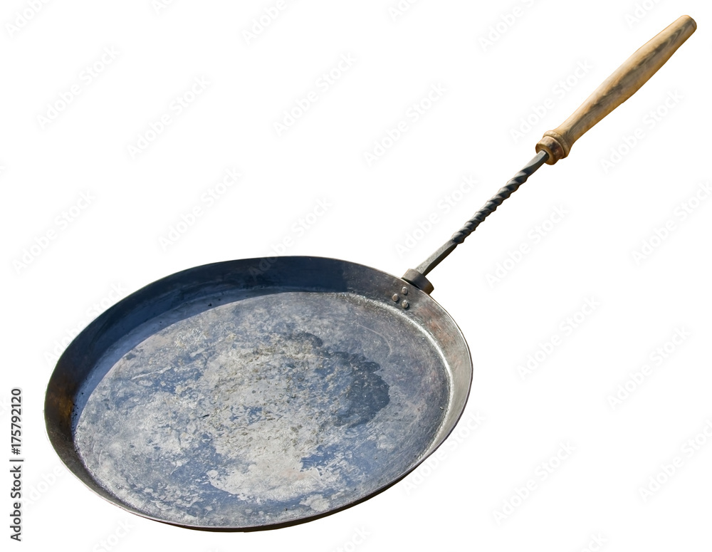 Dirty old frying pan on a white Dirty old frying pan on a white
