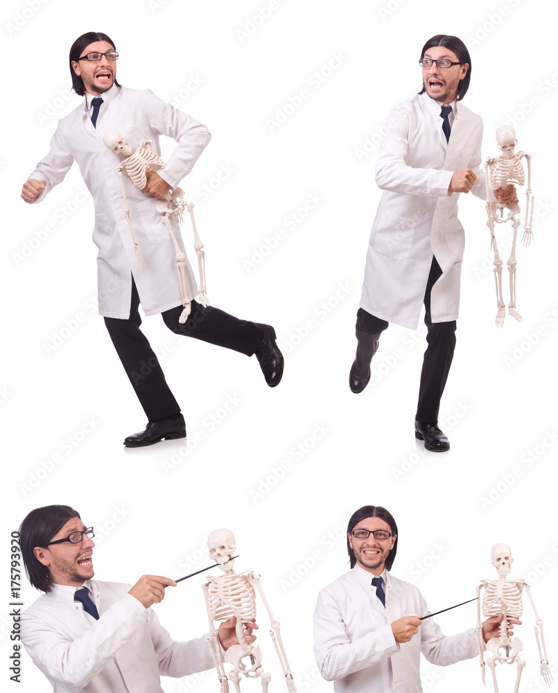 Funny teacher with skeleton isolated on white Funny teacher with skeleton isolated on white