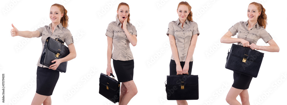 Pretty young employee with briefcase isolated on white