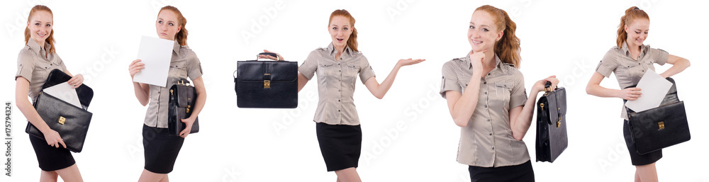 Pretty young employee with briefcase isolated on white
