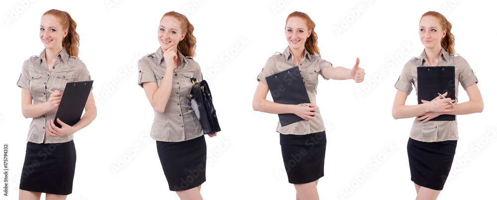 Pretty young employee with briefcase isolated on white