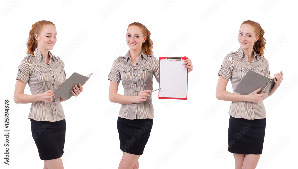 Pretty young employee with paper isolated on white Pretty young employee with paper isolated on white