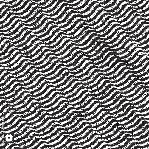 Wavy background. Black and white grainy design. Pointillism pattern with optical illusion. Stippled vector illustration.