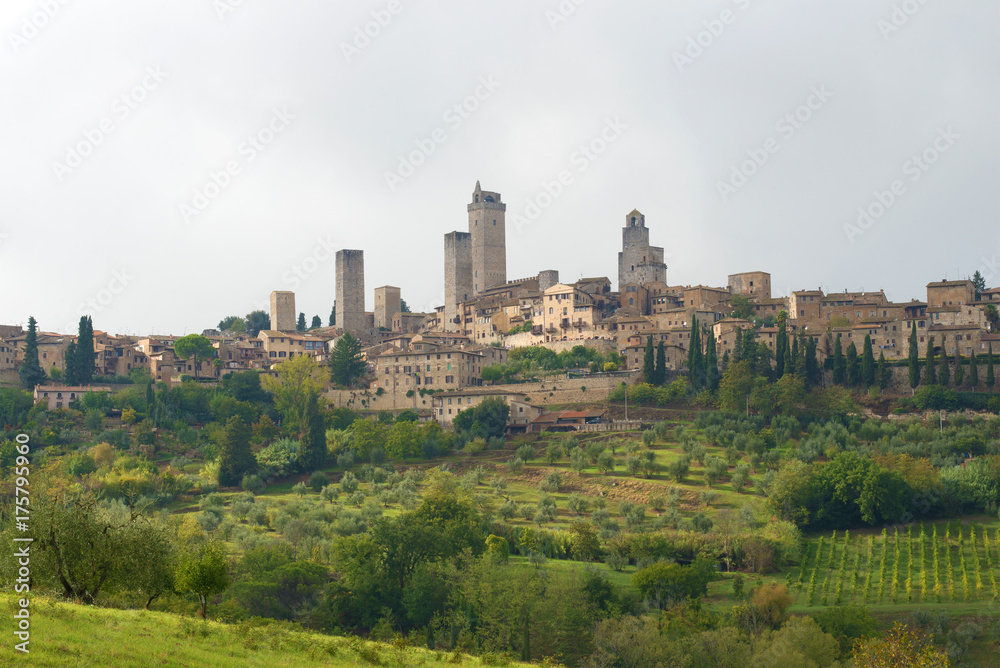 A view of the city of San Gimignano on a cloudy September day. Italy
