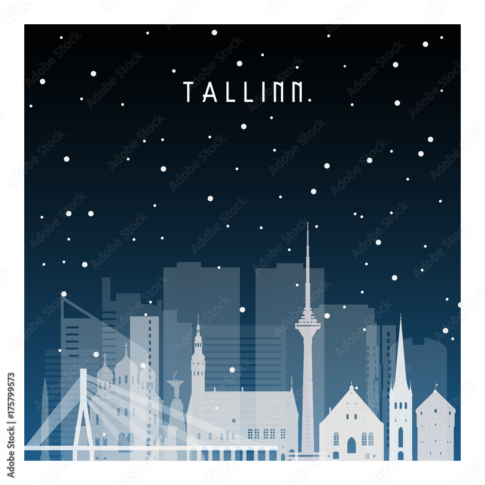 Winter night in Tallinn. Night city in flat style for banner, poster, illustration, game, background.