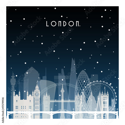 Winter night in London. Night city in flat style for banner, poster, illustration, game, background.