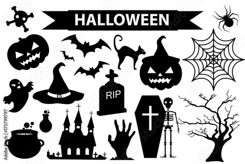Happy Halloween icons set, black silhouette style. Isolated on white background. Halloween collection of design elements with pumpkin,  spider, zombie, skull, coffin, bat. Vector illustration
