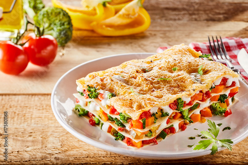 Colorful appetizer of Italian vegetable lasagna photo