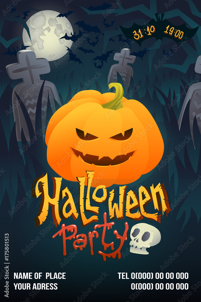 Halloween party poster with pumpkin on dark cemetery back Halloween party poster with pumpkin on dark cemetery back