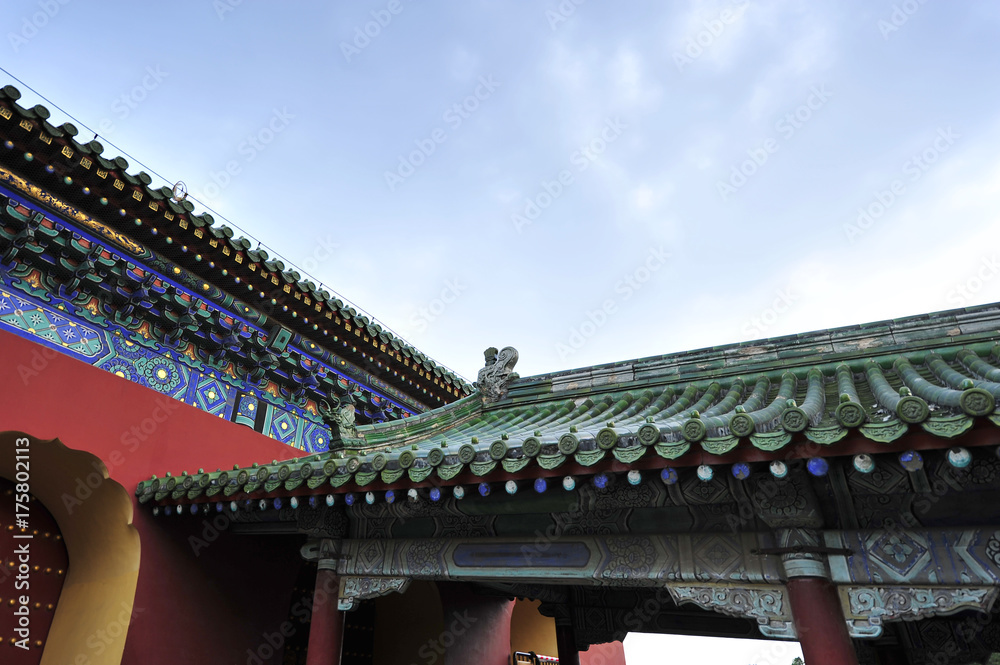 The ancient wall, blue glazed tile roof, located in the temple of heaven in Beijing, in China