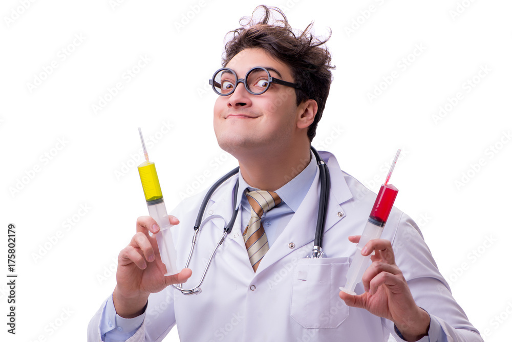 Funny doctor with syringe isolated on white Funny doctor with syringe isolated on white