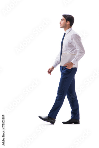 Businessman walking standing side view isolated on white backgro