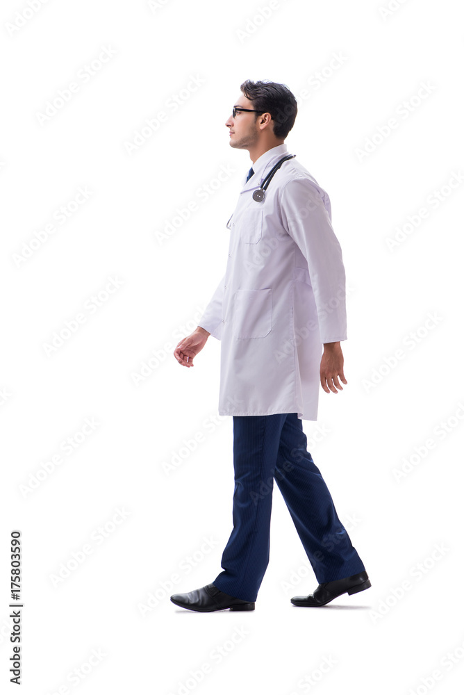 Young doctor physician standing walking isolated on white backgr Young doctor physician standing walking isolated on white backgr