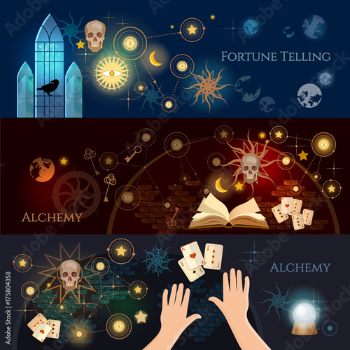 Fortune telling banner. Vintage key magic objects and scrolls alchemy concept. Medieval alchemy mysticism occultism esotericism. Medieval castle of wizard