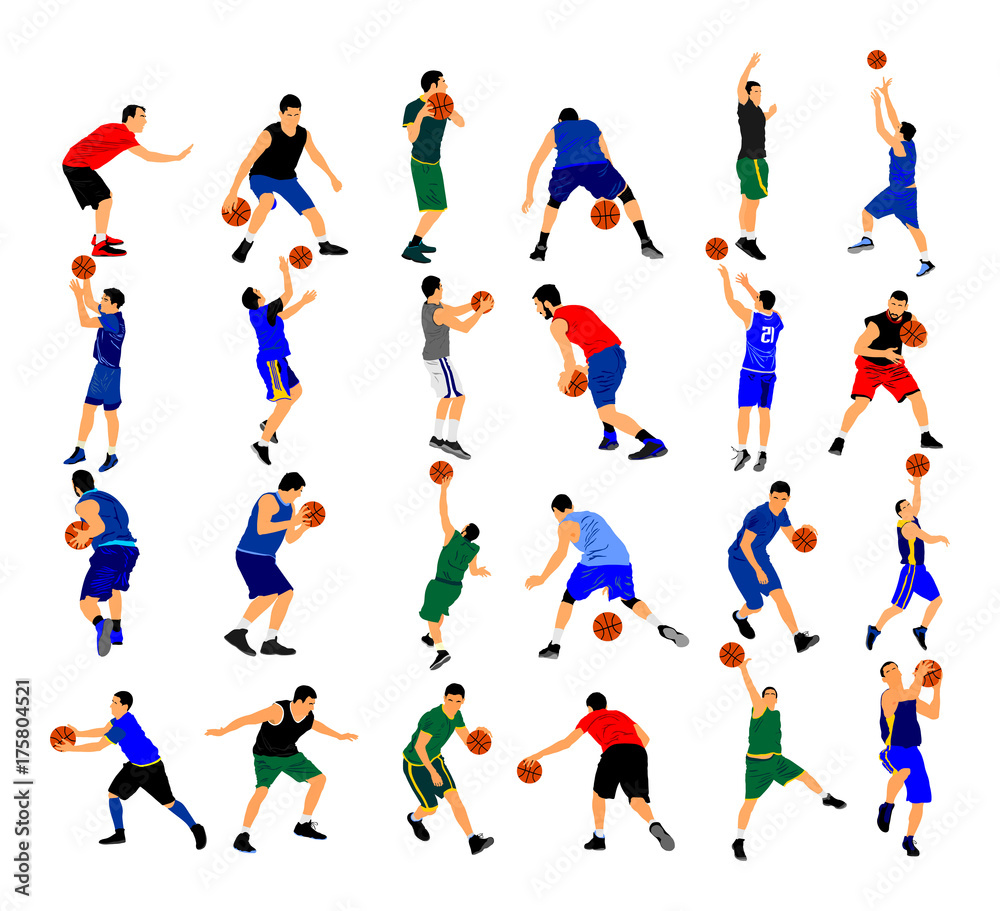 Big group of Basketball players vector illustration isolated on white background. Set of several basketball situation and position in game.