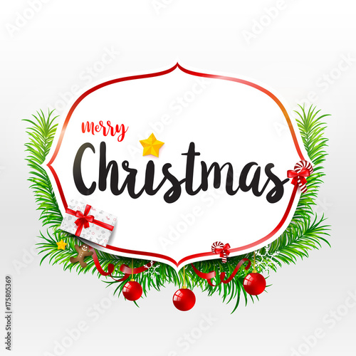 Merry Christmas calligraphy text on frame with green leaf Christmas ball snowflake and celebration element vector illustration