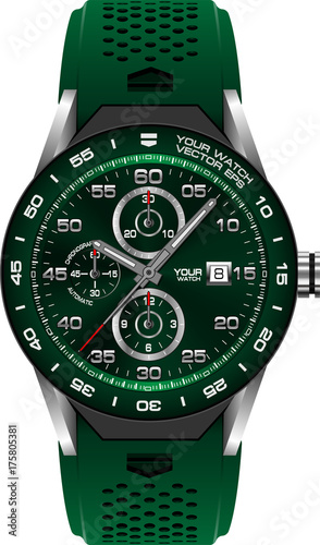 Green steel watch chronograph on white background vector illustration.