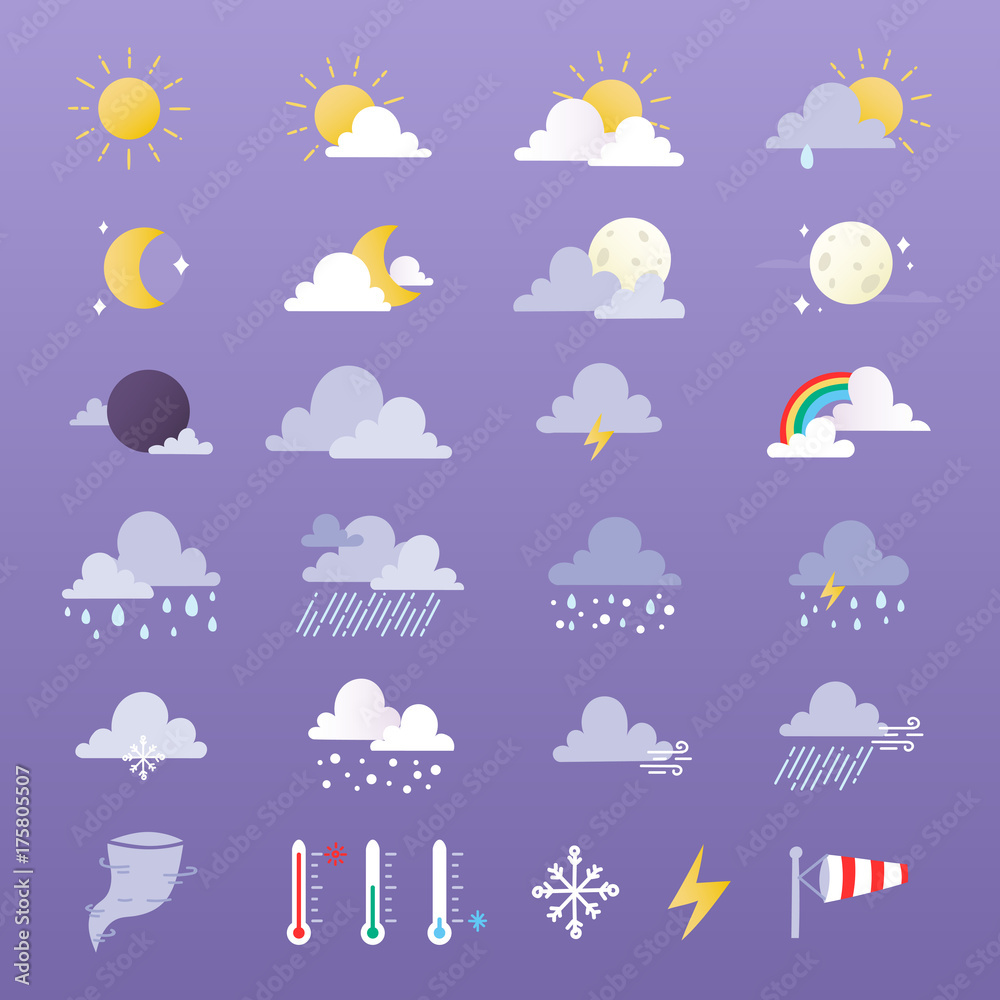 Obraz premium Set of weather icons vector illustration. Sun, cloud, rain, moon and weathercock