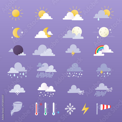 Set of weather icons vector illustration. Sun, cloud, rain, moon and weathercock