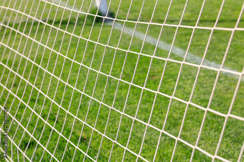 Soccer net on goal behind back view on field.