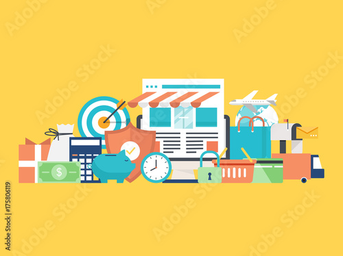 Online order, sale, e-commerce, online shopping, delivery flat vector illustration. Online store, purchasing online for web banners, websites, infographics, printed materials