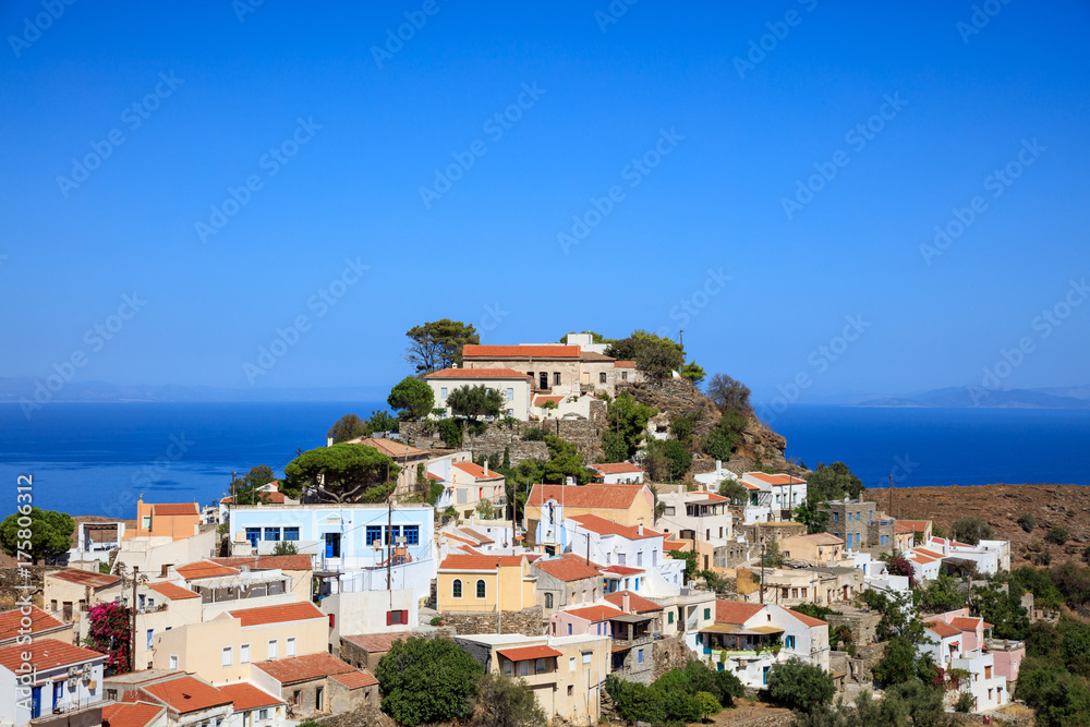 Greece, Kea island. Panoramic view of Ioulida village,