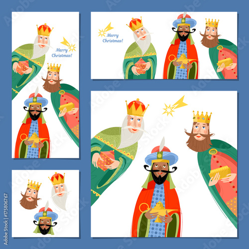 Fototapeta Set of 4 universal Christmas greeting cards with three biblical Kings: Caspar, Melchior and Balthazar